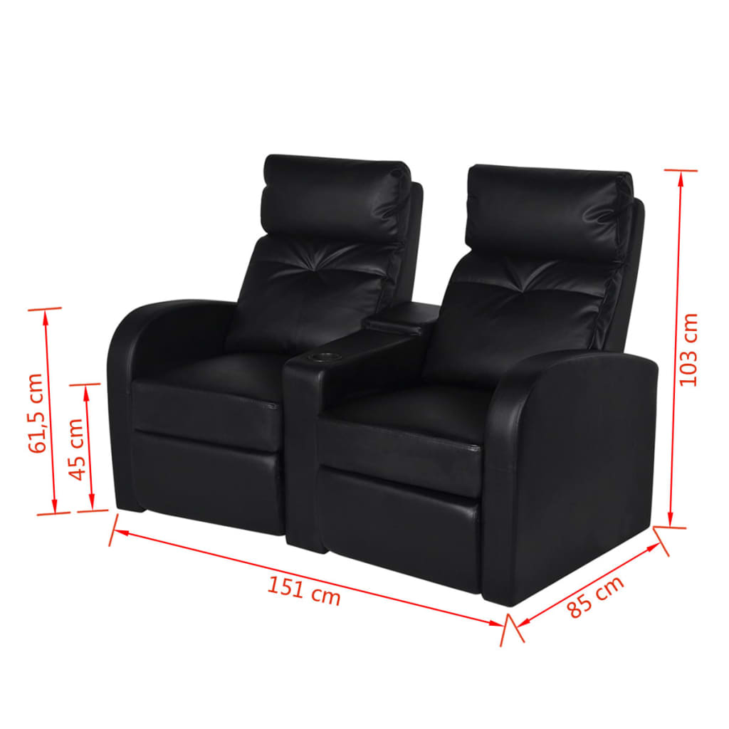 vidaXL Fotele kinowe 2 osobowe, czarne, sztuczna skóra i LED