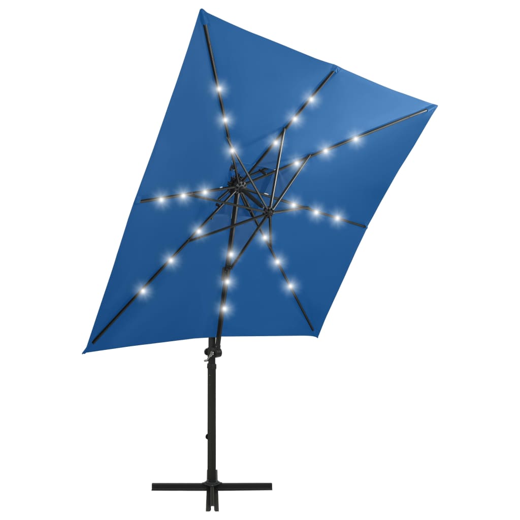 vidaXL Parasol wiszący z lampkami LED i słupkiem, lazurowy, 250 cm
