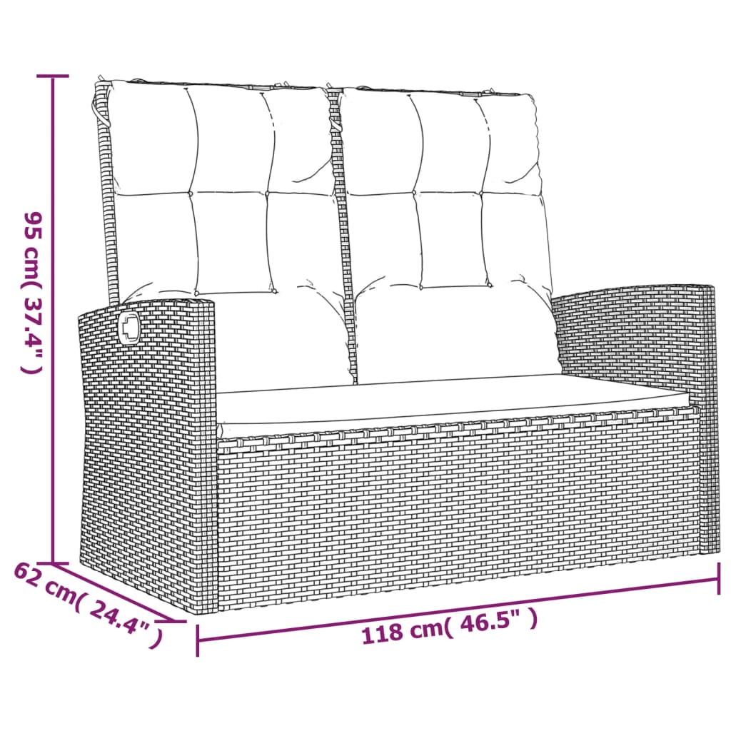 vidaXL Rozkładana ławka ogrodowa z poduszkami, czarna, 118 cm