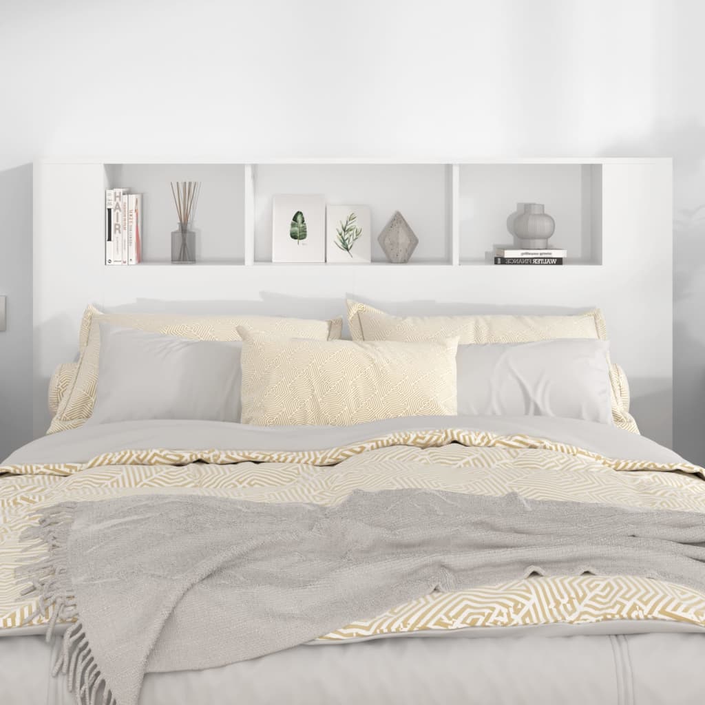 vidaXL Wezgłowie łóżka z półkami, biel z połyskiem, 160x18,5x104,5 cm