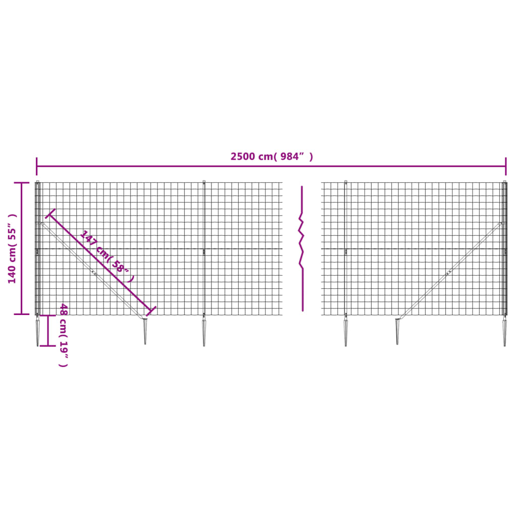 vidaXL Ogrodzenie z siatki, z kotwami, antracytowe, 1,4x25 m