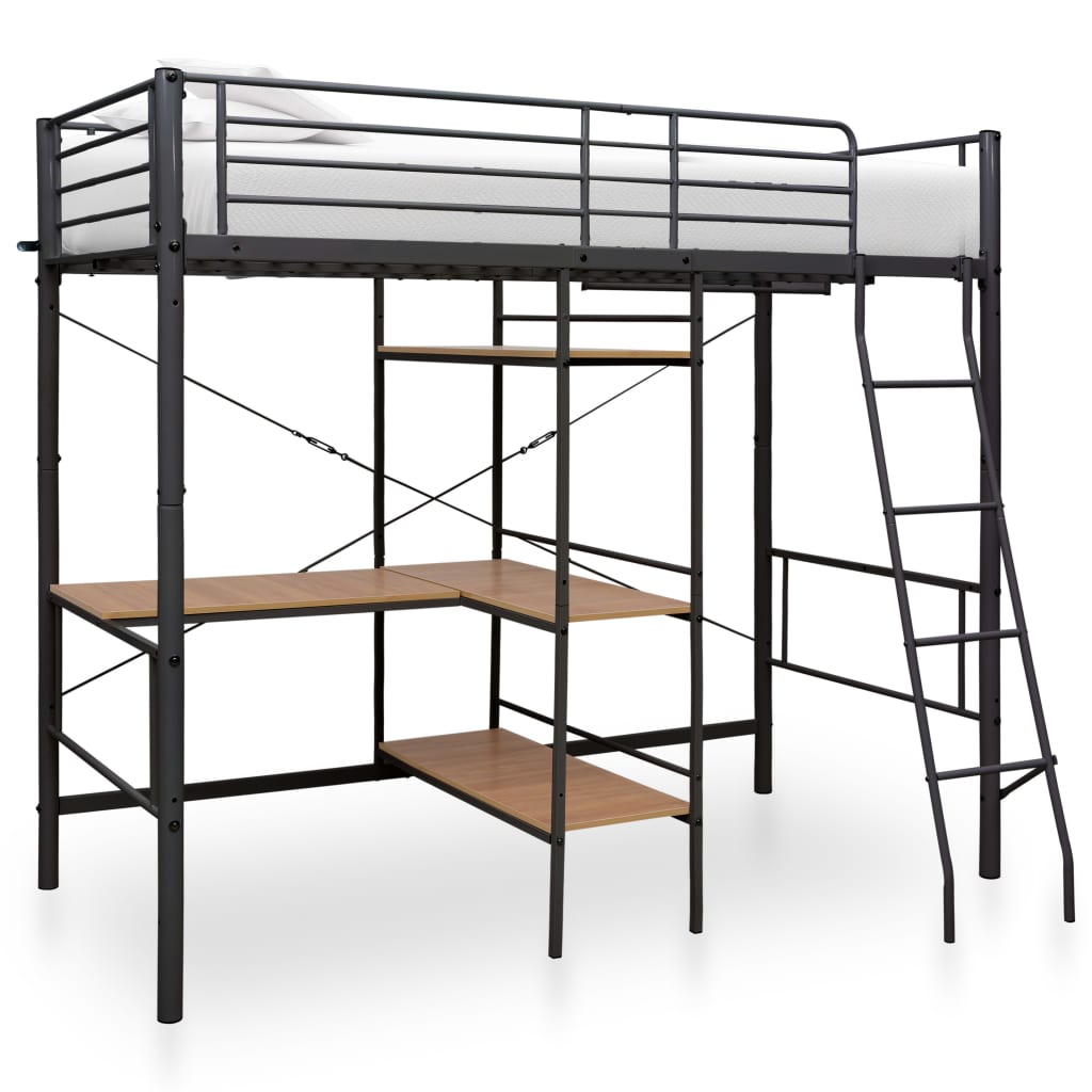 vidaXL Rama łóżka piętrowego z biurkiem, szara, metalowa, 90 x 200 cm