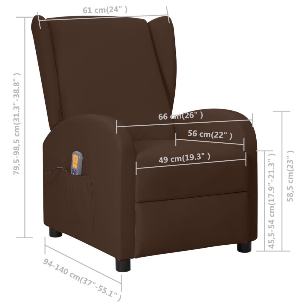 vidaXL Rozkładany fotel uszak masujący, podnoszony, brązowy, ekoskóra