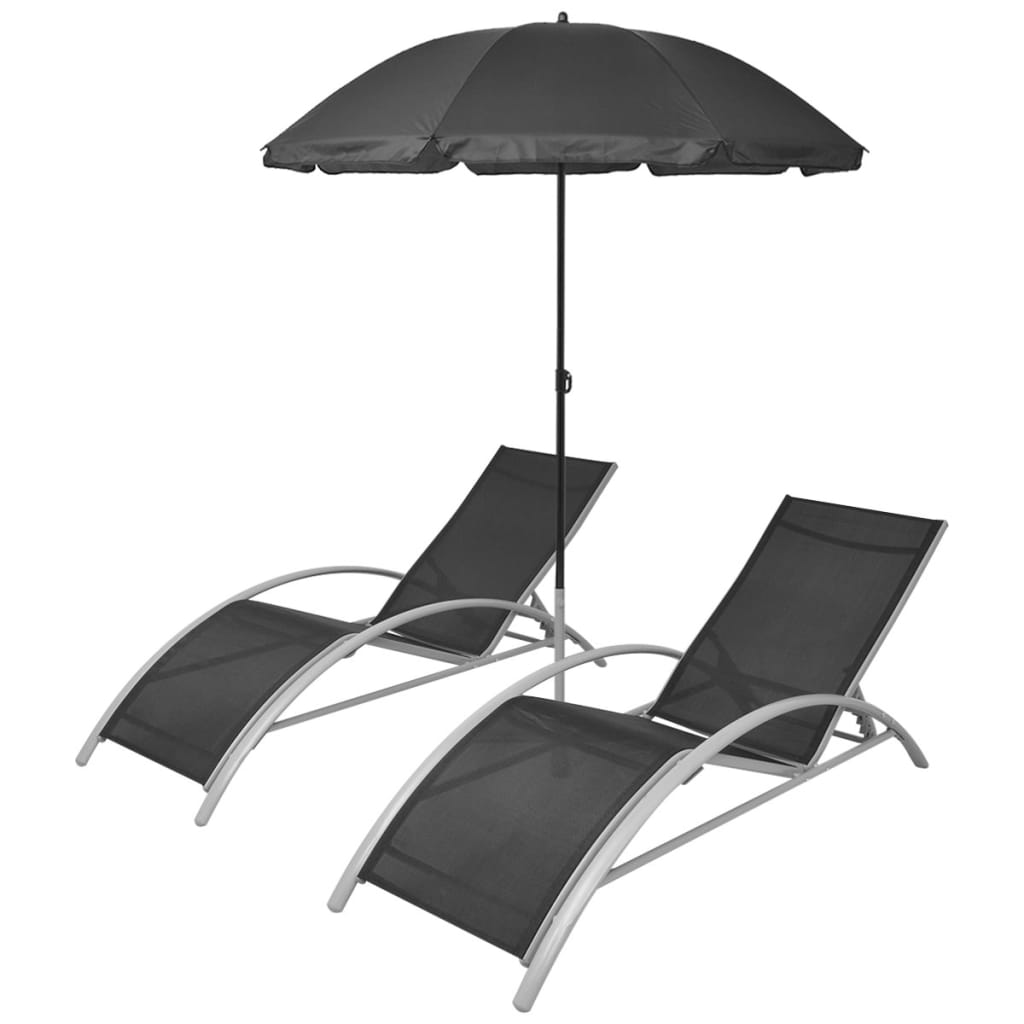 vidaXL Leżaki z parasolem, aluminiowe, czarne