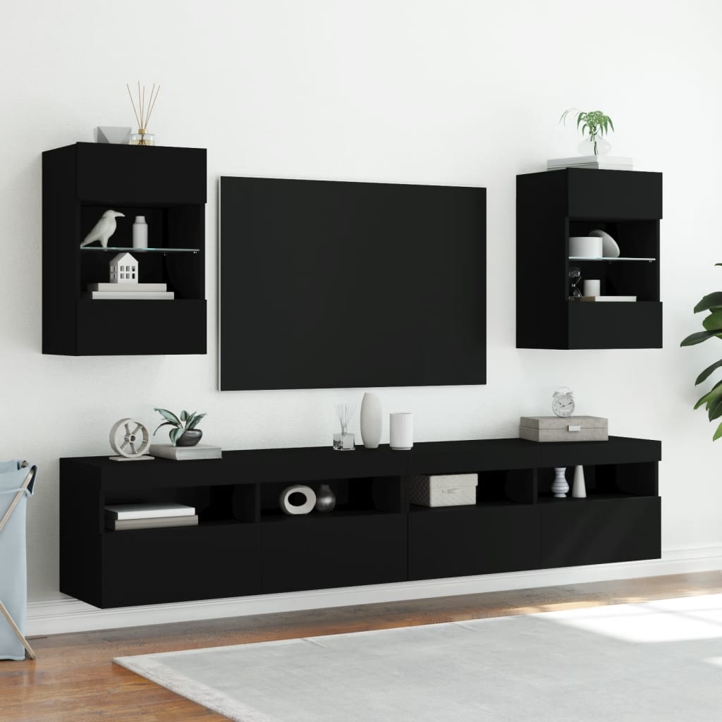 vidaXL Ścienne szafki TV z LED, 2 szt., czarne, 40x30x60,5 cm