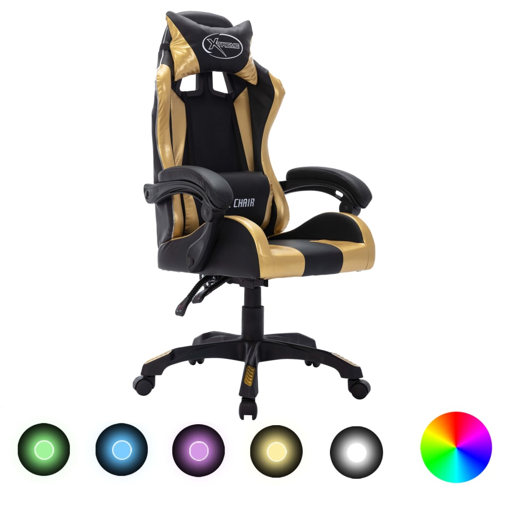 vidaXL Fotel dla gracza z RGB LED, złoto-czarny, sztuczna skóra