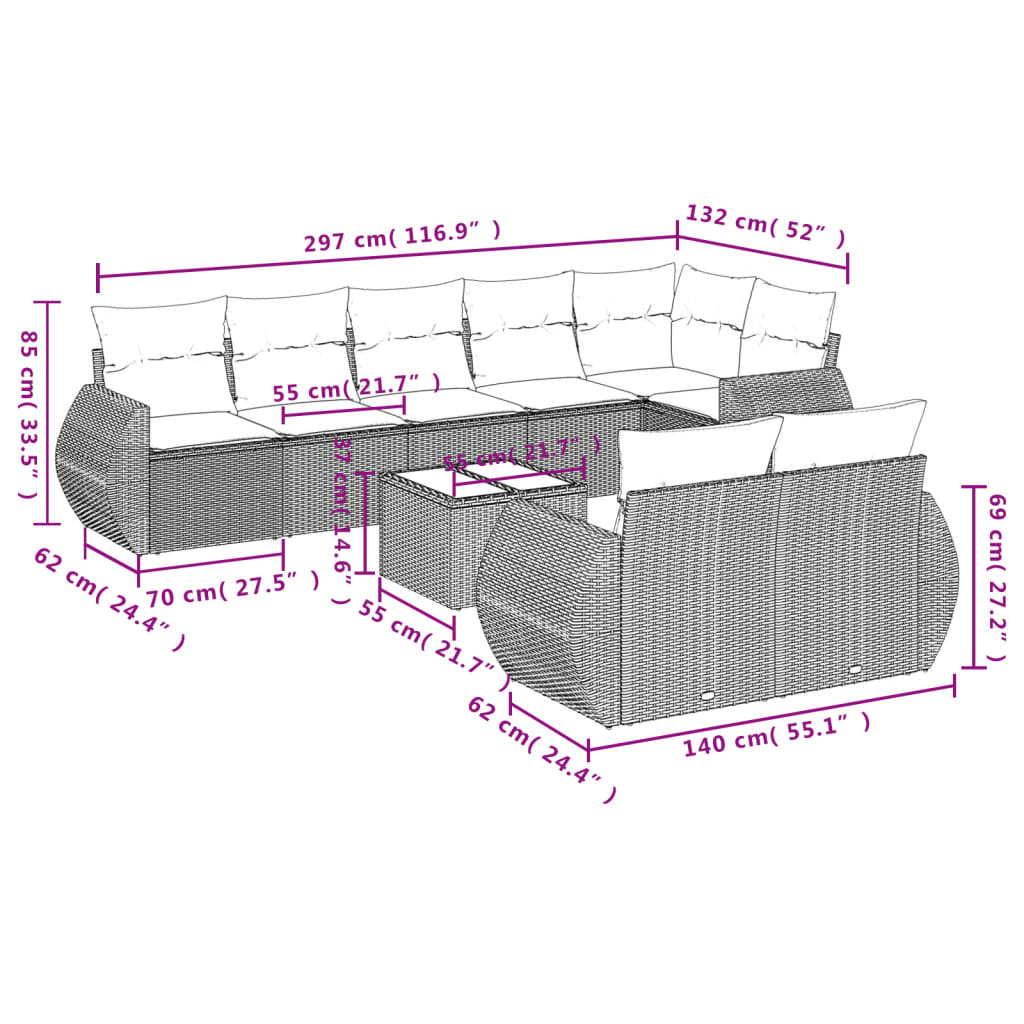 vidaXL 9-cz. zestaw mebli ogrodowych z poduszkami, beżowy, polirattan