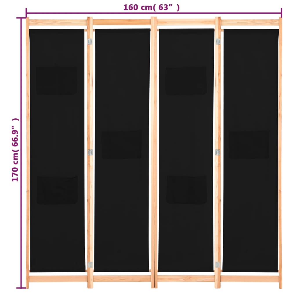 vidaXL Parawan 4-panelowy, czarny, 160x170x4 cm, tkanina
