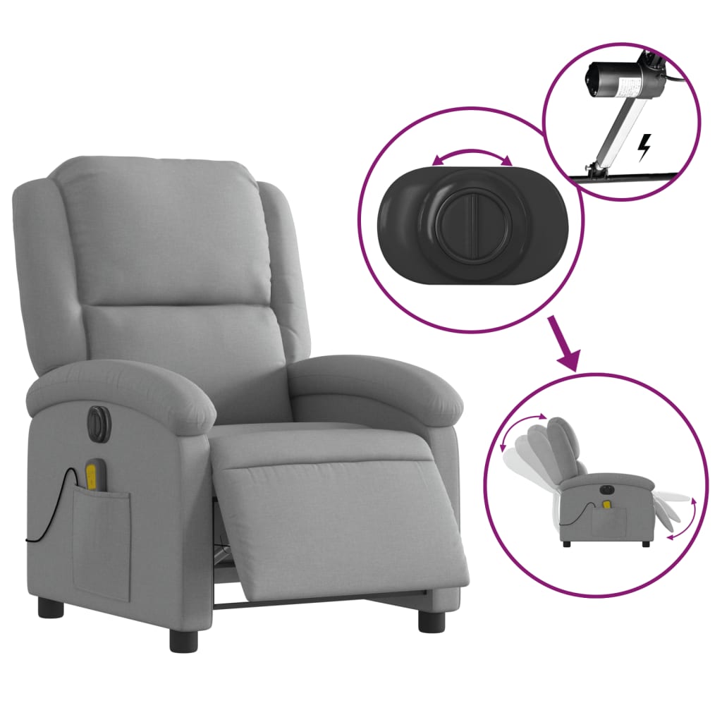 vidaXL Rozkładany fotel masujący, elektryczny, jasnoszary, tkanina