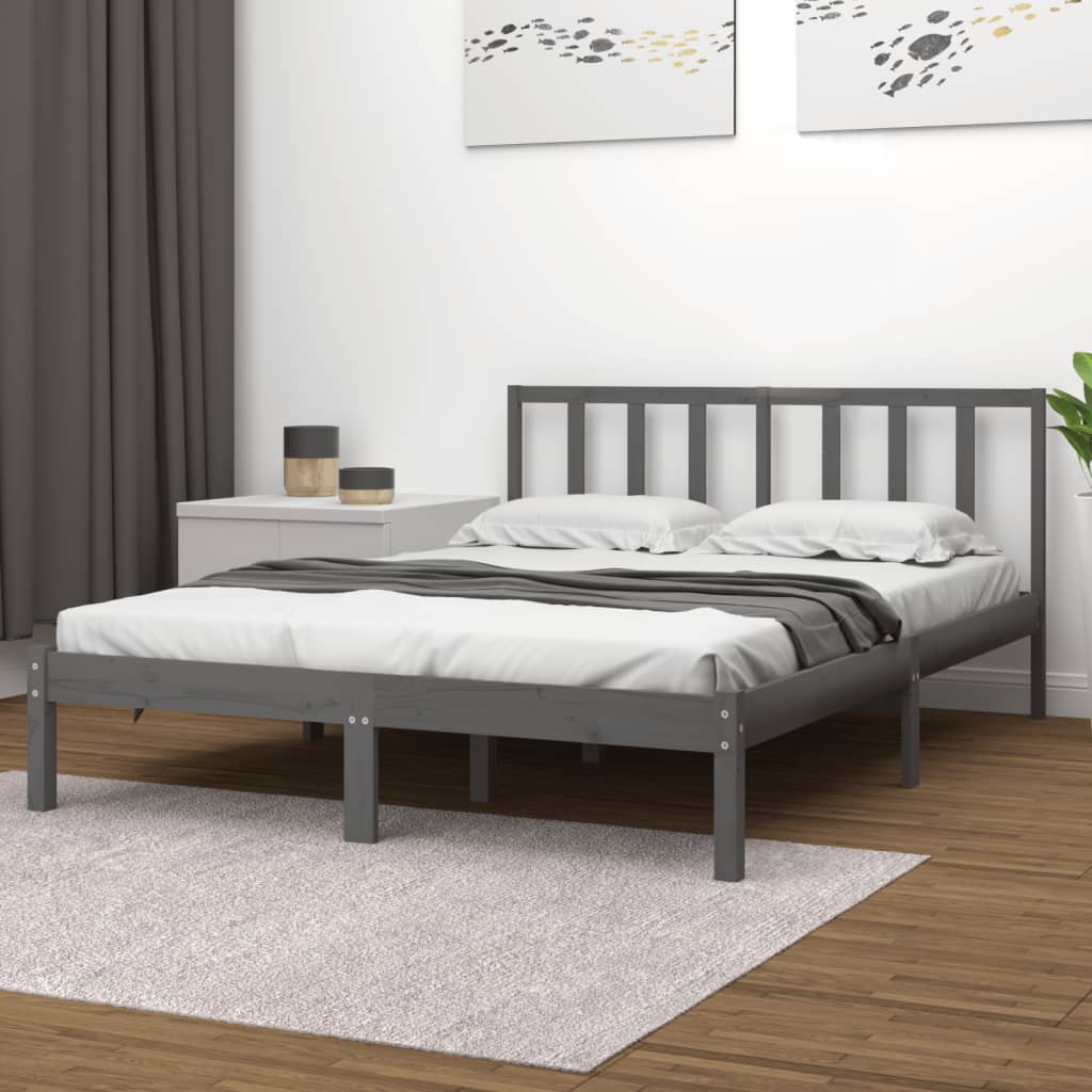 vidaXL Rama łóżka, szara, lite drewno sosnowe, 135x190 cm, podwójna