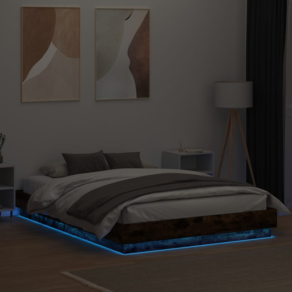 vidaXL Rama łóżka z oświetleniem LED, przydymiony dąb, 140x200 cm