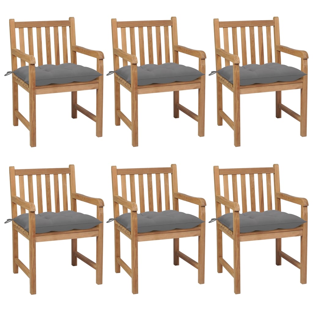 vidaXL Krzesła ogrodowe z szarymi poduszkami, 6 szt., drewno tekowe