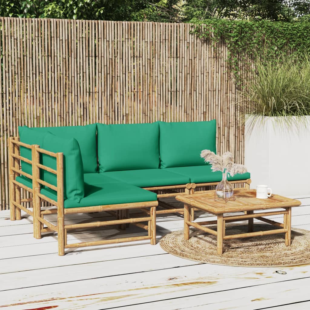 vidaXL 5-cz. zestaw mebli do ogrodu, zielone poduszki, bambus
