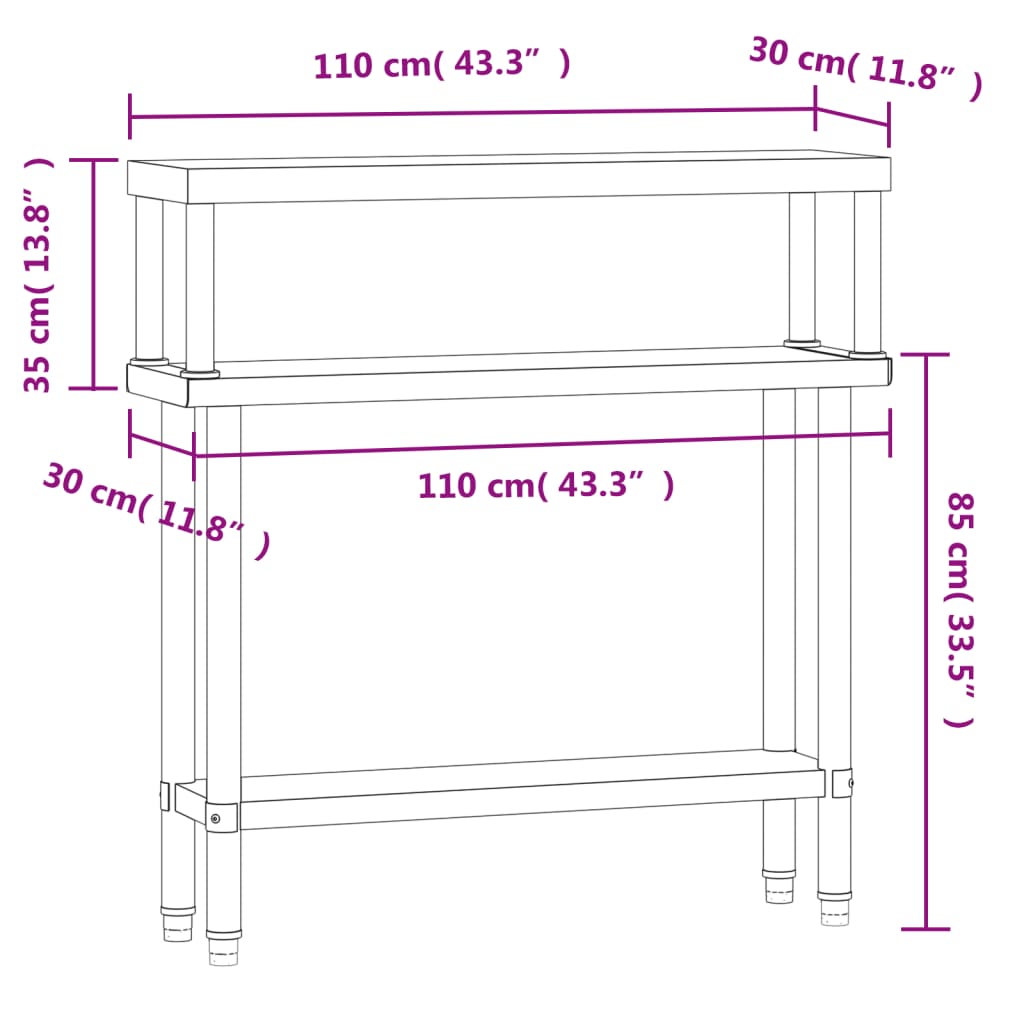 vidaXL Kuchenny stół roboczy z półką, 110x30x120 cm, stal nierdzewna