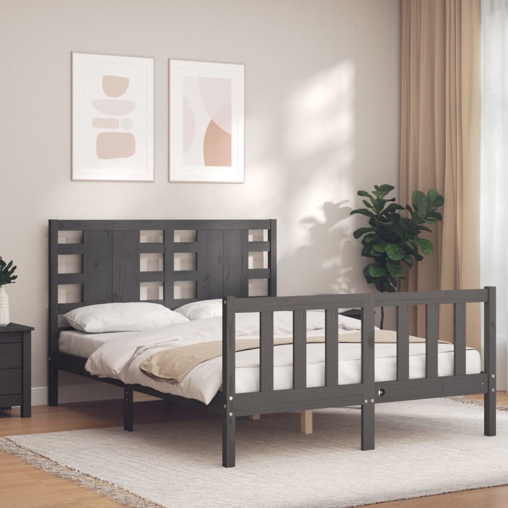 vidaXL Rama łóżka z wezgłowiem, szara, 140x200 cm, lite drewno