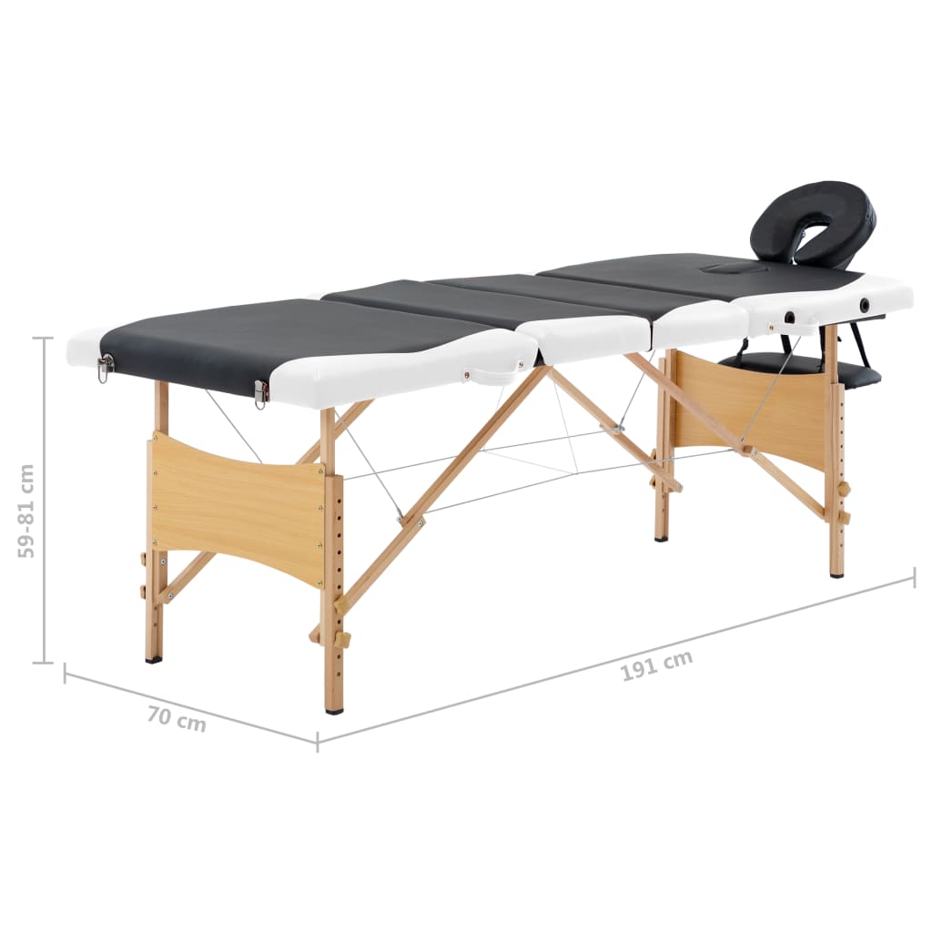 vidaXL Składany stół do masażu, 4-strefowy, drewniany, czarno-biały