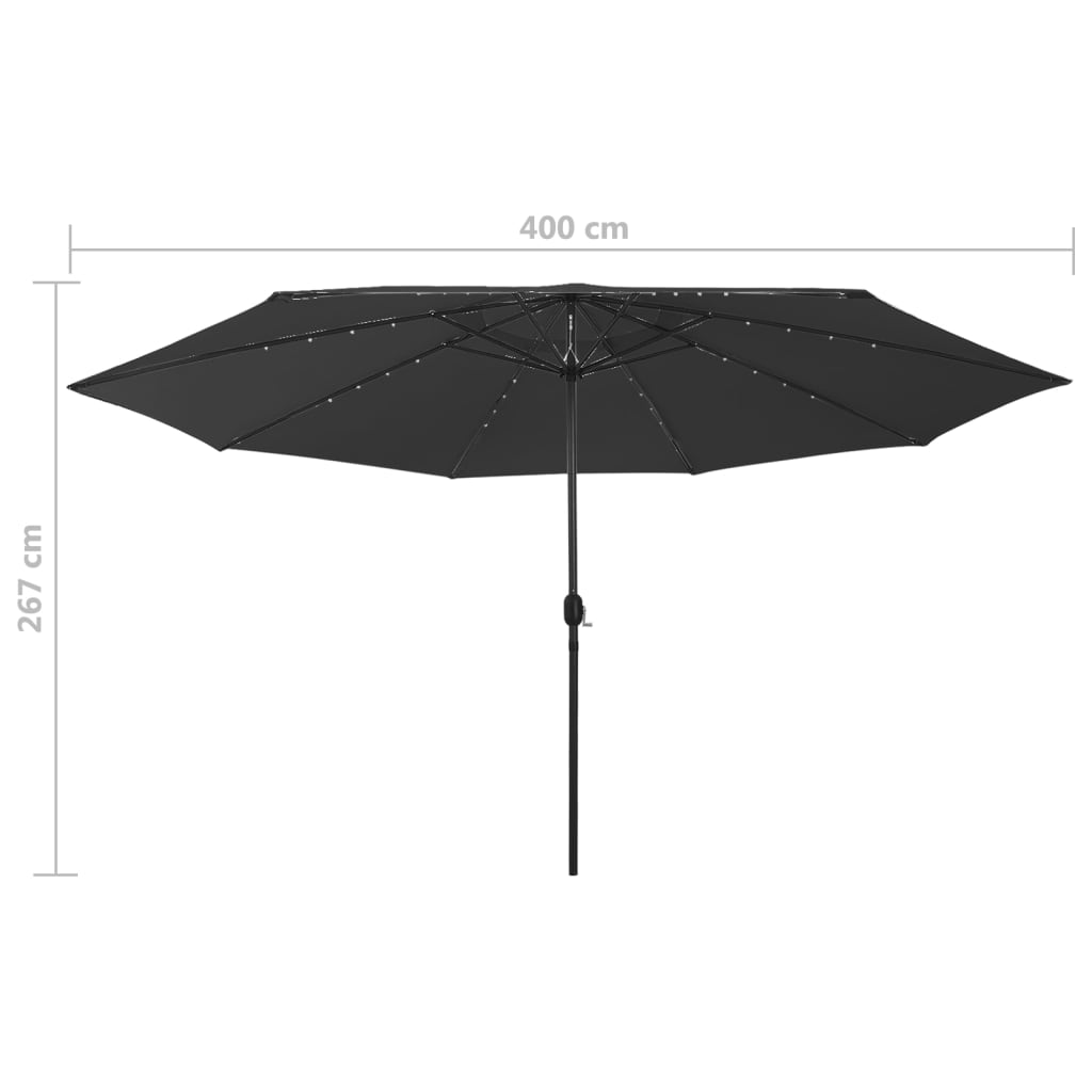 vidaXL Parasol ogrodowy z LED i metalowym słupkiem, 400 cm, czarny