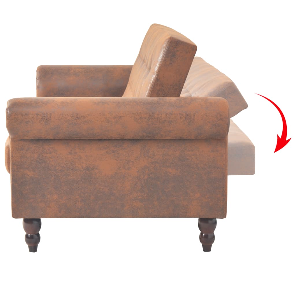 vidaXL Rozkładana sofa 2-os., z podłokietnikami, sztuczny zamsz, brąz