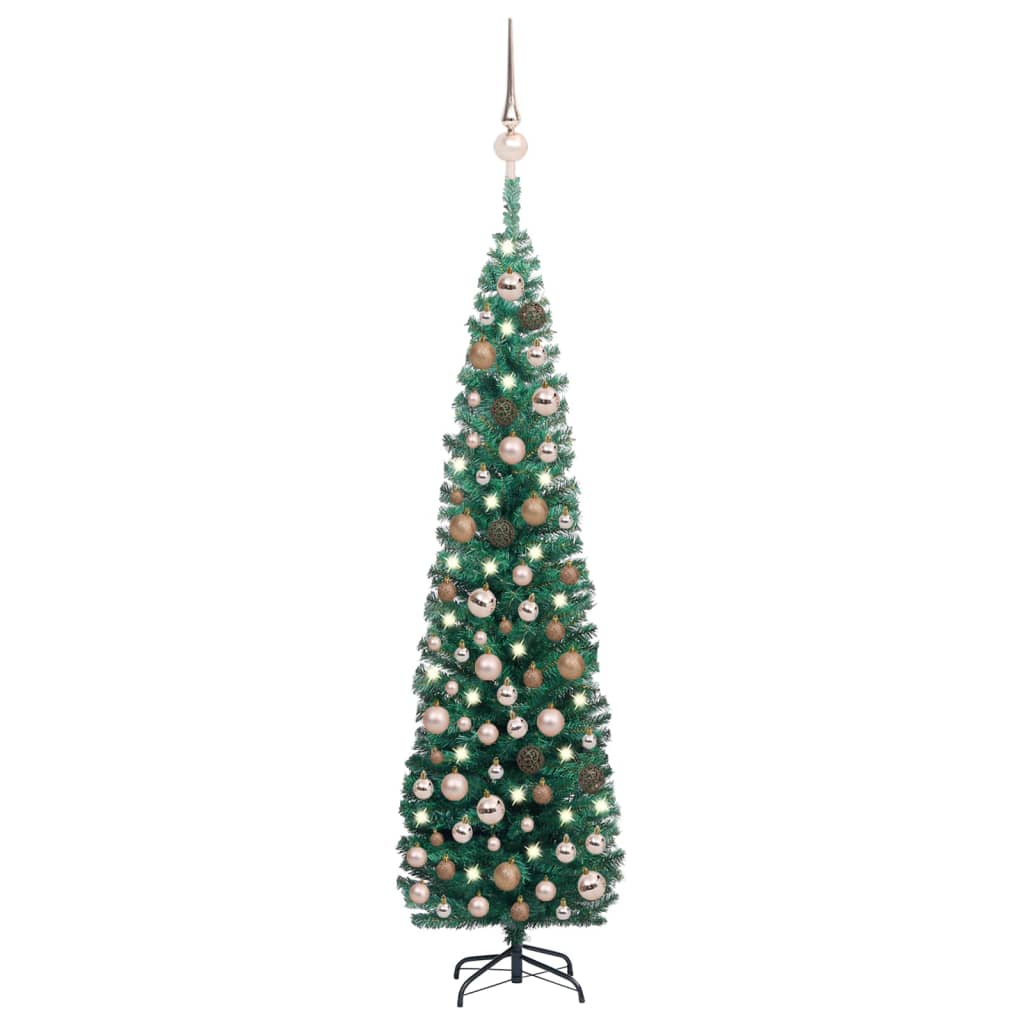 vidaXL Smukła sztuczna choinka z lampkami i bombkami, zielona, 210 cm