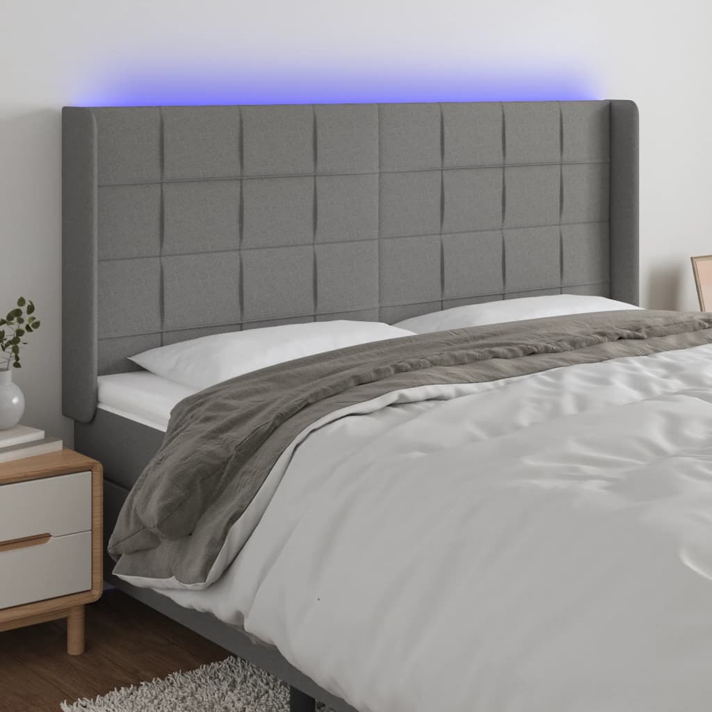 vidaXL Zagłówek do łóżka z LED, ciemnoszary, 203x16x118/128cm, tkanina