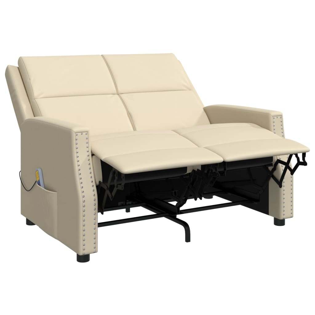 vidaXL Rozkładany fotel masujący, 2-os., kremowy, obity sztuczną skórą