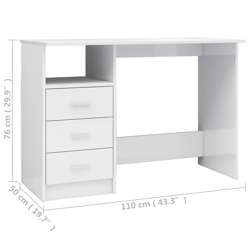 vidaXL Biurko z szufladami, wysoki połysk, białe, 110x50x76 cm