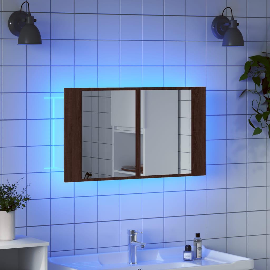 vidaXL Szafka łazienkowa z lustrem i LED, brązowy dąb, 80x12x45, akryl