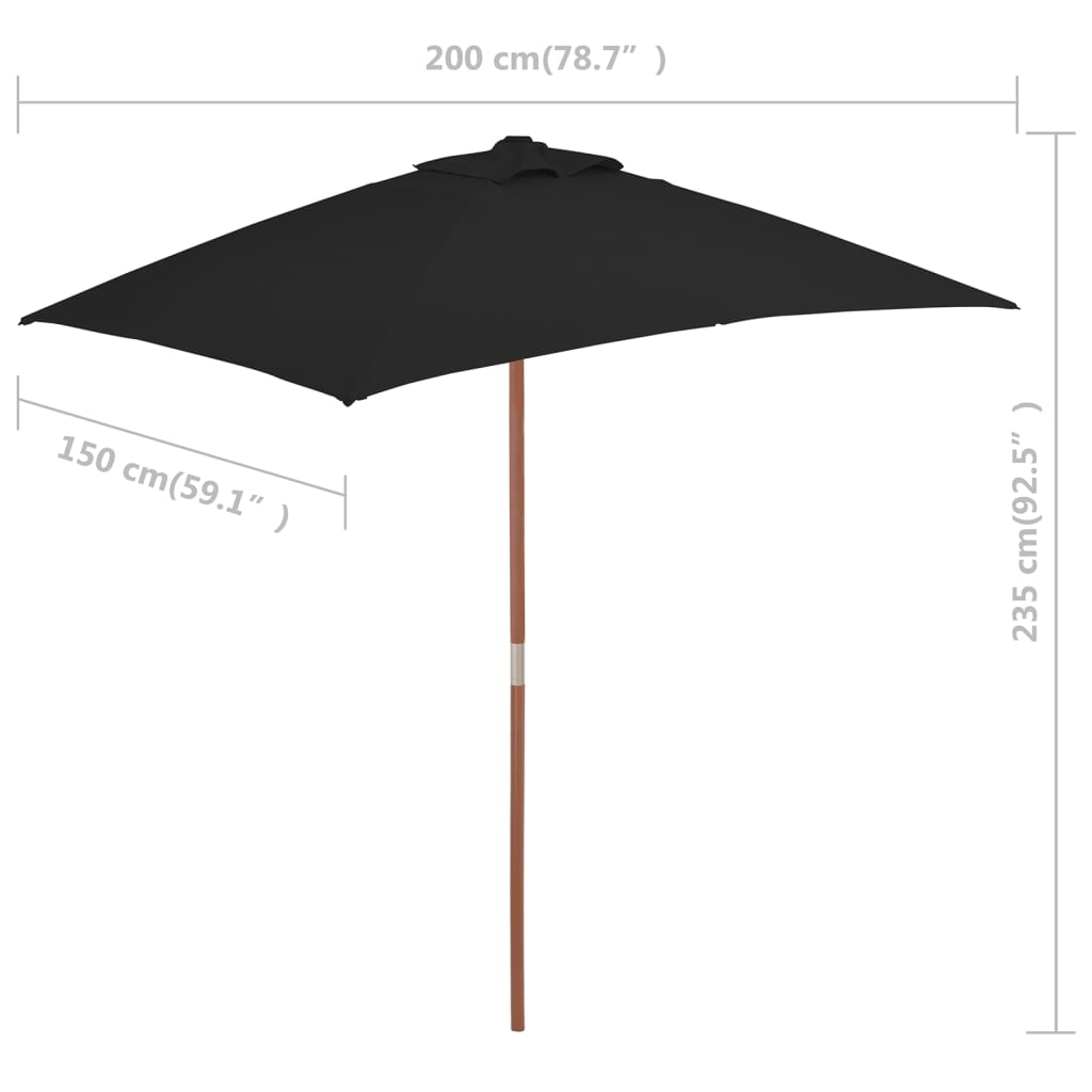 vidaXL Parasol ogrodowy na drewnianym słupku, czarny, 150x200 cm