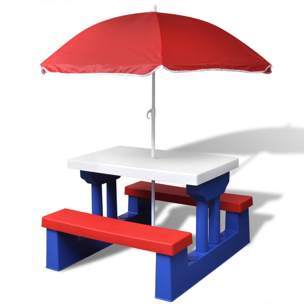 vidaXL Stół dla dzieci z ławkami i parasolem, wielokolorowy
