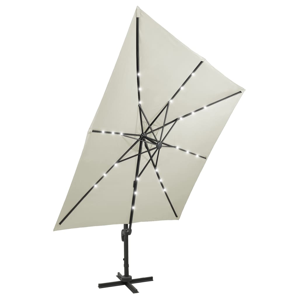 vidaXL Parasol wiszący z lampkami LED i słupkiem, piaskowy, 300 cm